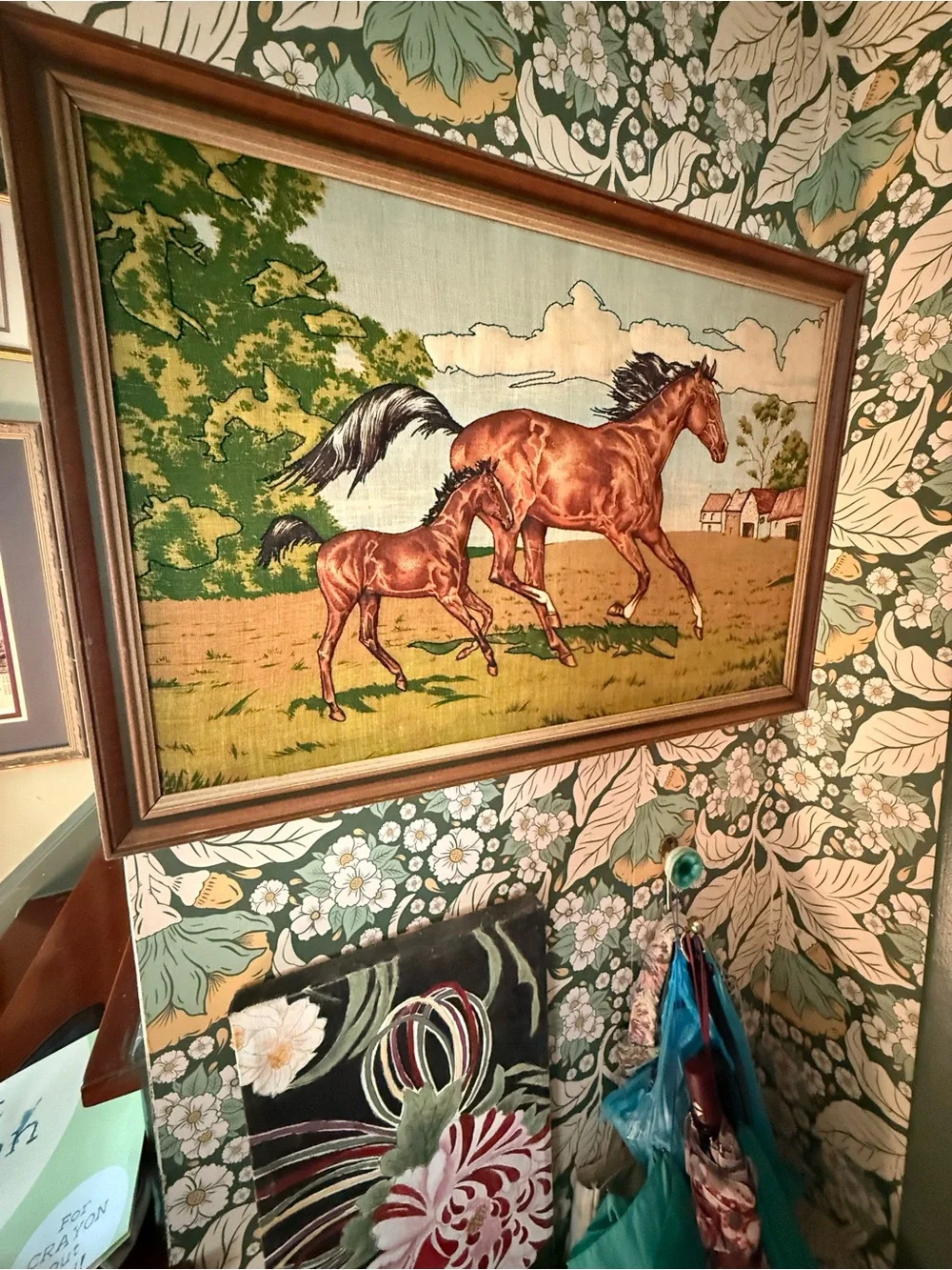 Vintage Framed Mare and Foal Embroidered Art - Brown